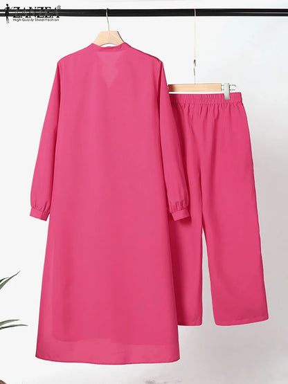 ZANZEA Retro Long Straight Pant Suit Women Solid 2PCS Pant Sets Fashion Long Shirt Tracksuit Casual Buttons Autumn 2023 Outfits