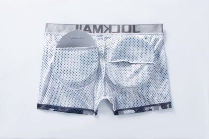 Men's Sexy Fashion Ice Silk Mesh Breathable Soft Comfortable Butt Lift Boxer Briefs Underwear Low Waist Camouflage Quick Dry