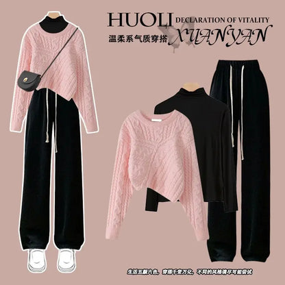 Autumn and Winter Set Women's 2024 New Korean Knitted Sweater Women's Underlay Casual Pants Three Piece Set Winter Clothes Women