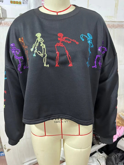 Glitter Patchwork Hoodies Vintage Tshirt Harajuku Slim Long Sleeve Streetwear Women Clothes Halloween Tee Top Autumn Winter