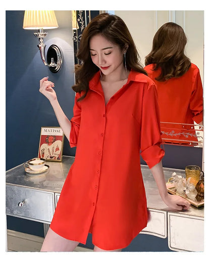 Mid-Length White Shirt Women BF Sexy Shirt Pajamas Female Skirt Ladies Tops Loose 2023 Autumn Clothing Women Shirts and Blouses