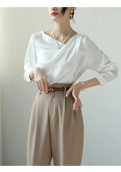 Satin Women's Shirts New Silk Solid Casual Blouses Loose Spring/Summer Ladies Clothing FASHION Long Sleeves White Tops