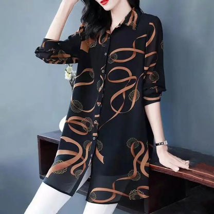 Lapel Long Sleeve Casual Shirt Single-breasted Thin Mid-aged Blouse Top Mother Printing Mid-length Shirt Daily Garment