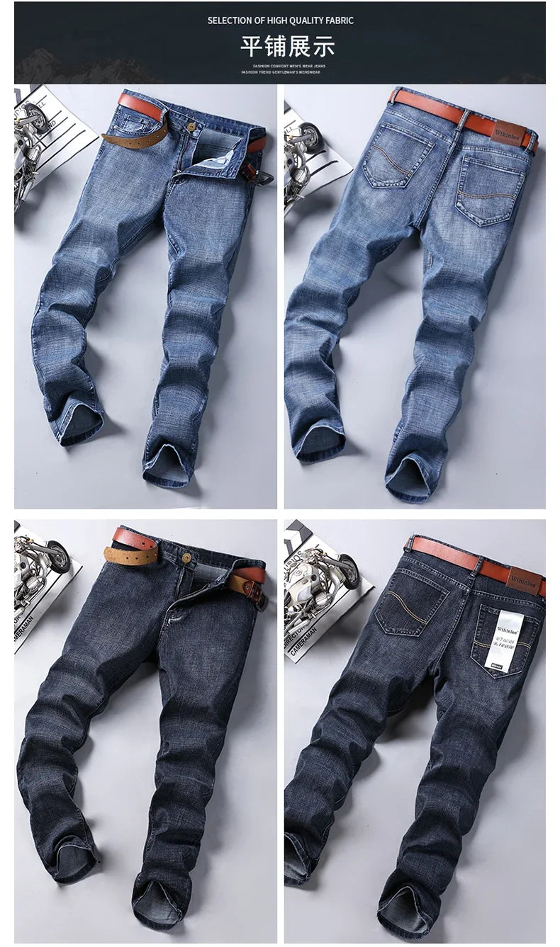 2025 Fashion Four Seasons Classic Blue Black Work Denim Trousers  Men's Jeans Casual Straight Stretch Male Brand Clothing