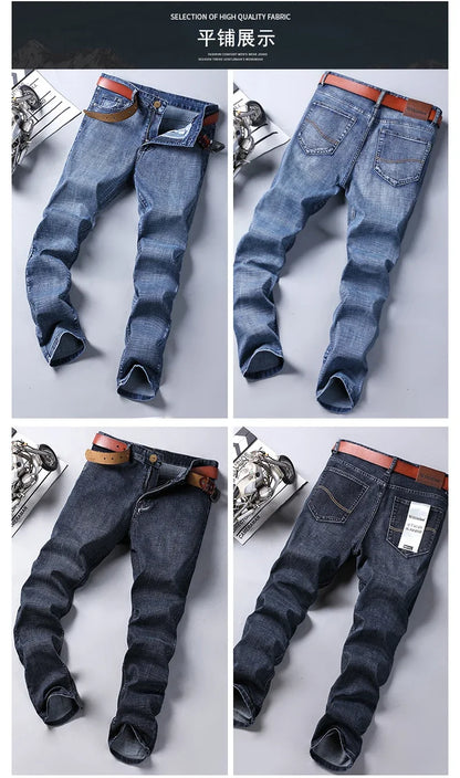 2025 Fashion Four Seasons Classic Blue Black Work Denim Trousers  Men's Jeans Casual Straight Stretch Male Brand Clothing