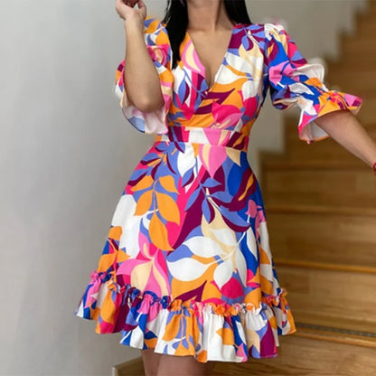 Casual V Neck Short Sleeve Midi Dress Woman Spring Summer Fashion Elegant Ruffles Floral Flower Print Dresses For Women 2023