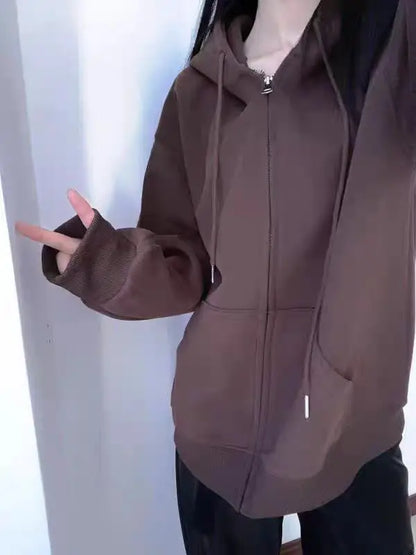 Winter New Women's Zipper Hoodie High Street Unisex style Double Pockets Oversize Loose Sweatshirts Outerwear Top