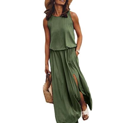 Fashion Sleeveless Tank Long Dress Women 2024 Summer Loose Casual Solid Slit Elegant Ladies Dresses For Women