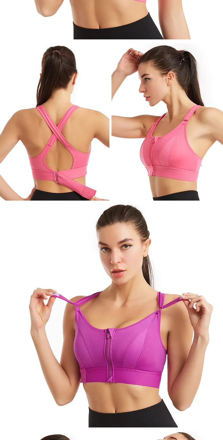 Women Sports Bras Tights Crop Top Yoga Vest Front Zipper Plus Size Adjustable Strap Shockproof Gym Fitness Athletic Brassiere