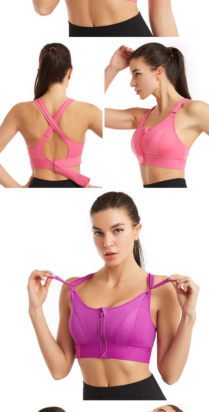 Women Sports Bras Tights Crop Top Yoga Vest Front Zipper Plus Size Adjustable Strap Shockproof Gym Fitness Athletic Brassiere
