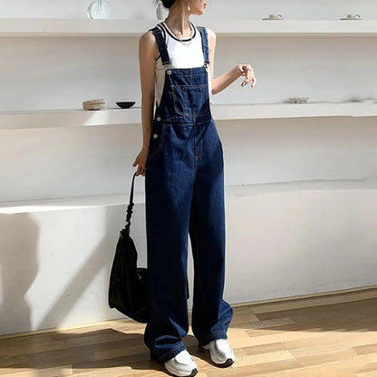 Loose Denim Overalls Stylish Women's Denim Suspender Jumpsuit with Adjustable Straps High Waist Wide Leg Fashionable Overalls