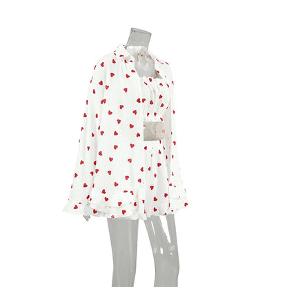 Spring New Fashion Style Love Printed Ruffle Edge Underwear Long sleeved Shorts Three piece Set for Women's Home Fury