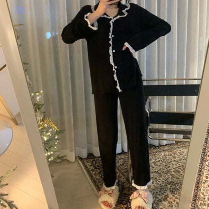 Women's Cute Pajamas Sets Autumn Winter Sleepwear Lady Long Sleeve Tops Pants 2 Pieses Solid Lingeries Sets Loungewear Nightwear