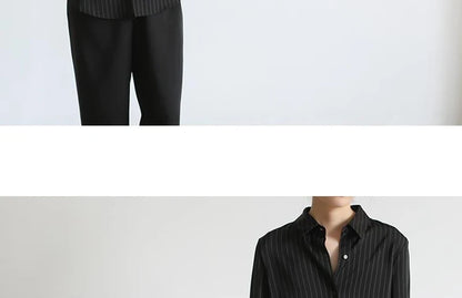 MEXZT Vintage Black Striped Shirts Women Office Long Sleeve Loose Casual Blouses Lady Korean Fashion Elegant Chic All Match Tops