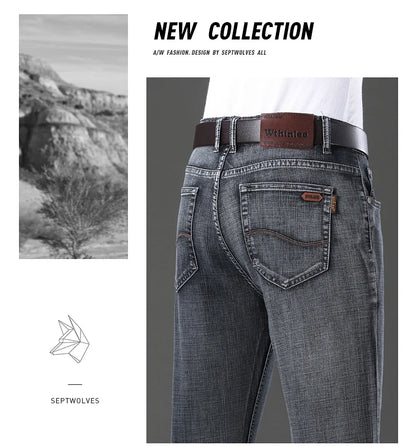20234 Brand Men's Stretch Loose Straight Fit Jeans Men's Business Casual Denim Pants Brand New Style Trousers Mens Wear Grey