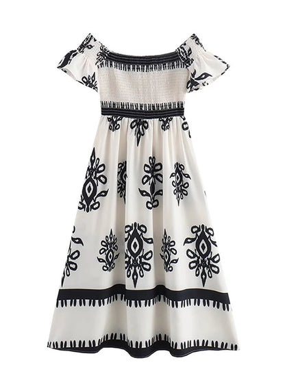 Printed Off Shoulder Dresses Stylish Casual Simple Square Collar Waist Cinching Slimming Beach Holiday Chic Maxi Wrap Dress New