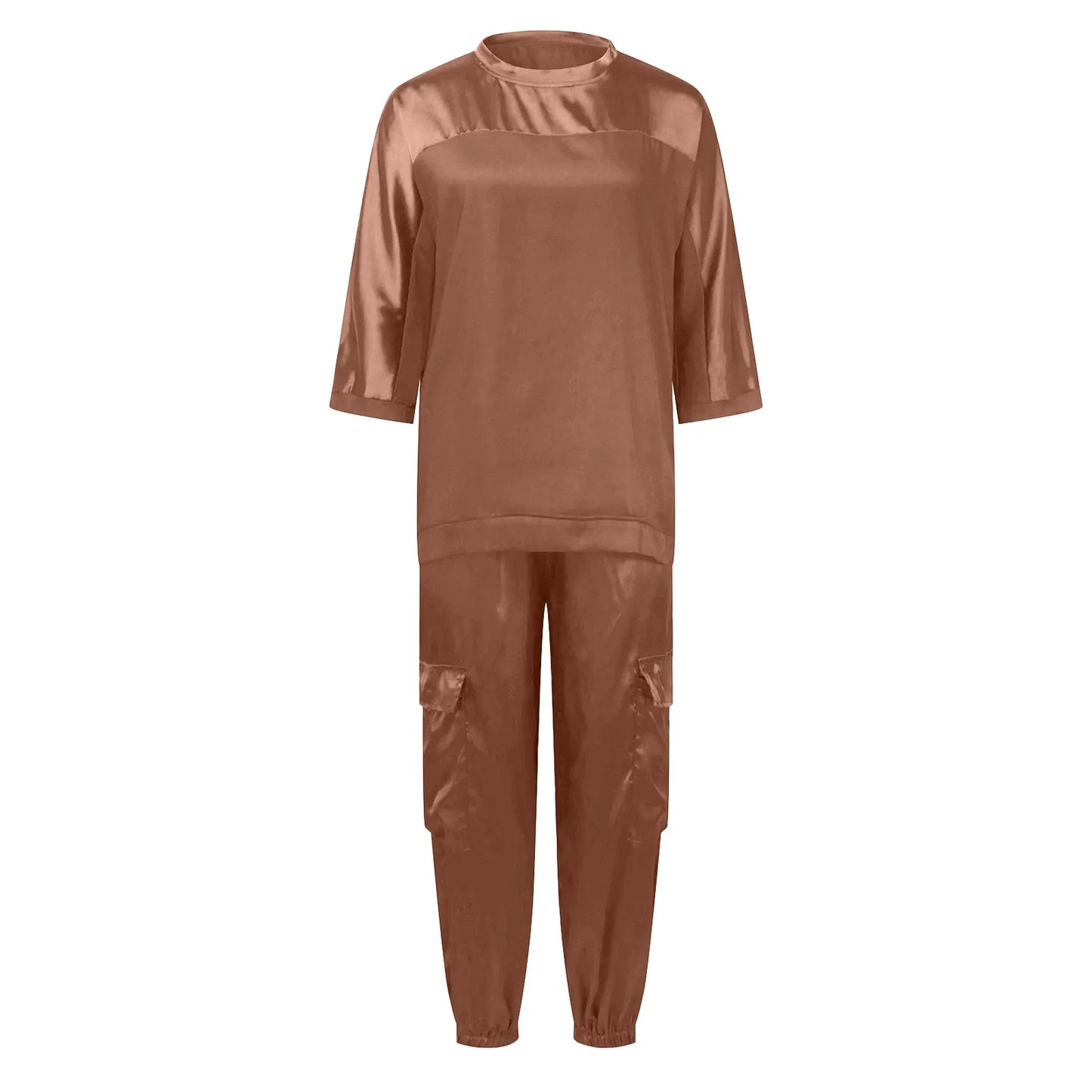 Women's Smooth Satin Short-sleeved Top and Pants Two-piece Set Spring O-neck Lace Up Outfits Summer Sleek Elegance Leisure Suit