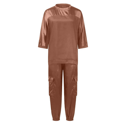 Women's Smooth Satin Short-sleeved Top and Pants Two-piece Set Spring O-neck Lace Up Outfits Summer Sleek Elegance Leisure Suit