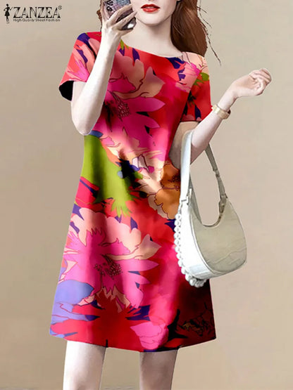 2024 ZANZEA Fashion Summer Bohemian O Neck Short Sleeve Flroal Printed Knee-length Dress Women  Holiday Sundress Party Vestido