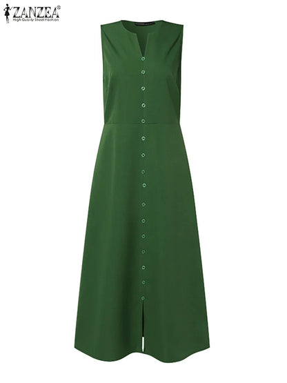 2024 Women Summer Sundress ZANZEA Fashion Solid Party Holiday Vestido Robe Femme Kaftan Elegant V Neck Sleeveless Midi Dress