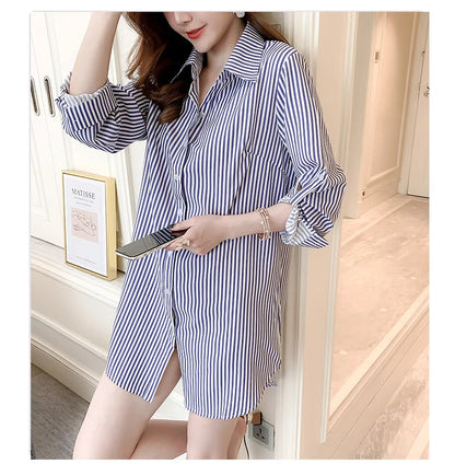 Mid-Length White Shirt Women BF Sexy Shirt Pajamas Female Skirt Ladies Tops Loose 2023 Autumn Clothing Women Shirts and Blouses