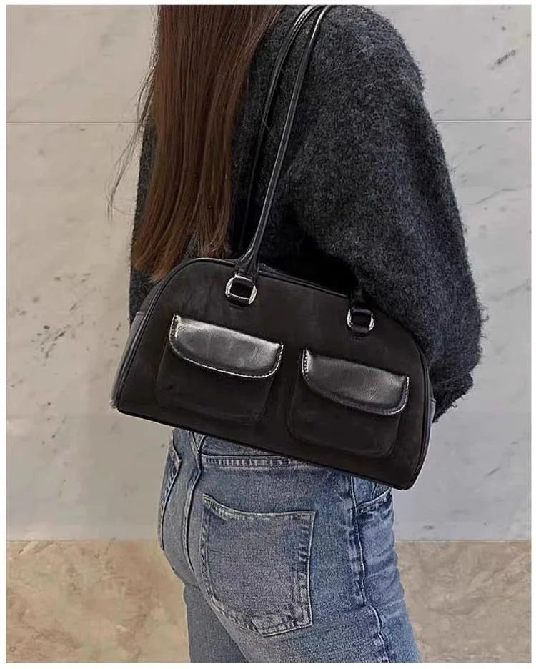 Lux Trendy Street Standoil Korea Designer Bowling Box Handbag for Women Boston Tote Bag PU Leather Bag Female Accessory
