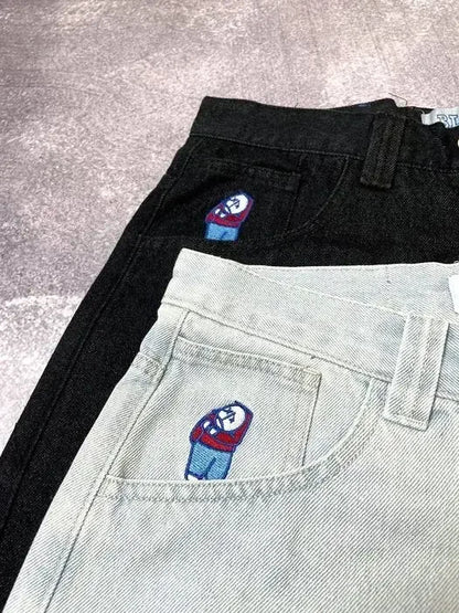 Straight Cotton Loose Embroidered Denim Shorts Men's American Retro Five Pants Summer Loose High Street Skater Pants Y2k Cargo