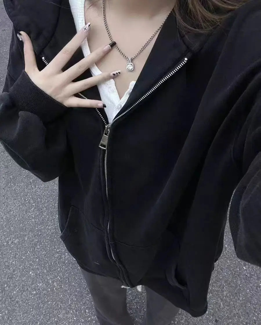 Winter New Women's Zipper Hoodie High Street Unisex style Double Pockets Oversize Loose Sweatshirts Outerwear Top