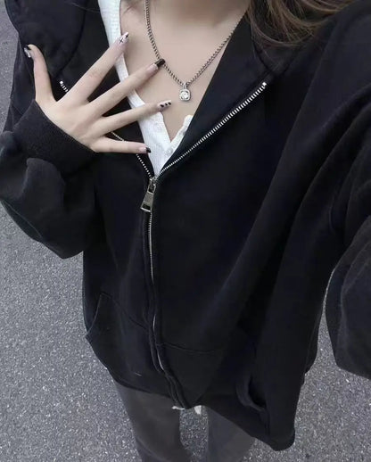 Winter New Women's Zipper Hoodie High Street Unisex style Double Pockets Oversize Loose Sweatshirts Outerwear Top