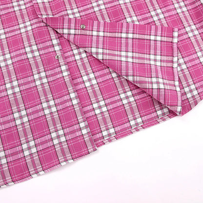 Mnealways18 Pink Brightly Plaid Shirts For Women Spring Summer 2024 Long Sleeves Classic Lapel Blouses And Tops Oversize Checked
