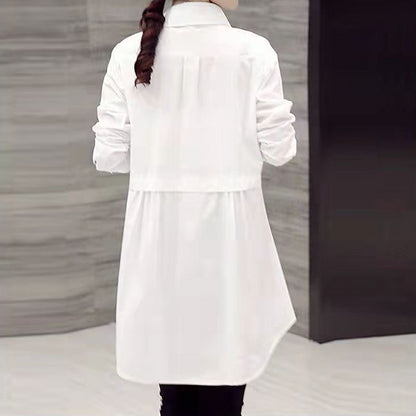All-match Button Solid Midi Autumn Blouse for Female 2023 Korean Fashion Spliced Shirt Loose Long Sleeve Winter Polo-Neck Shirt