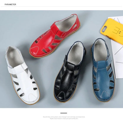 Women Ladies Female Mother Genuine Leather Shoes Sandals Gladiator Summer Beach Cool Hollow Soft Hook Loop Shoes