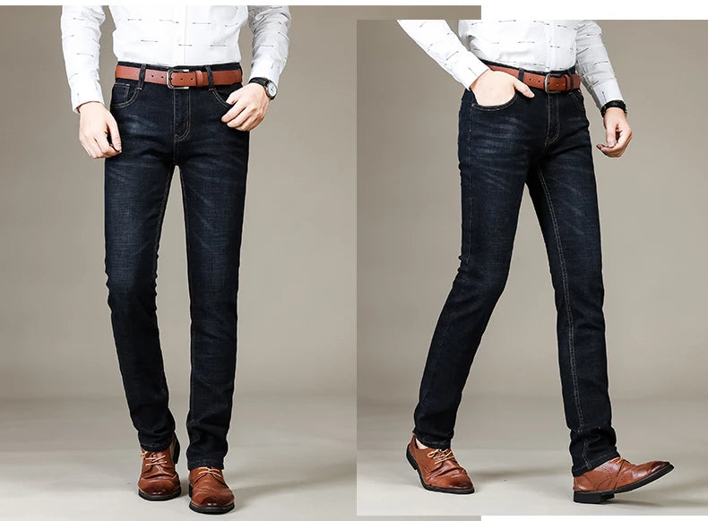 Business Men's Jeans Casual Straight Stretch Fashion Classic Blue Black Work Denim Trousers Male Brand Clothing