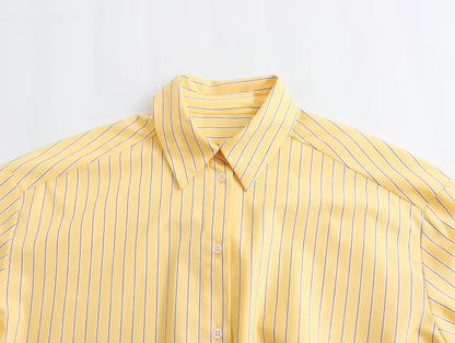 TRAF 2024 Spring New Product Women's Casual Loose Lapel Long sleeved Yellow Striped Poplin Single breasted Shirt