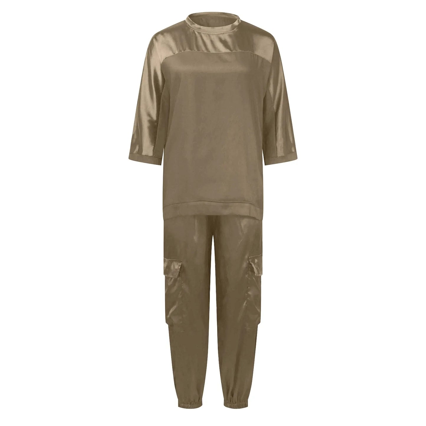 Women's Smooth Satin Short-sleeved Top and Pants Two-piece Set Spring O-neck Lace Up Outfits Summer Sleek Elegance Leisure Suit