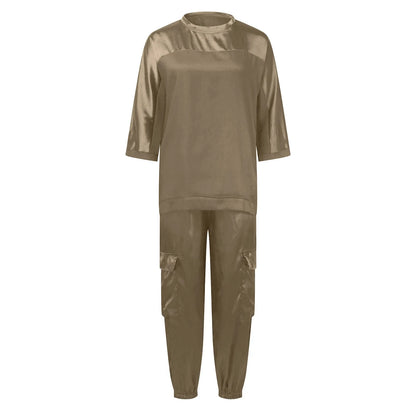 Women's Smooth Satin Short-sleeved Top and Pants Two-piece Set Spring O-neck Lace Up Outfits Summer Sleek Elegance Leisure Suit