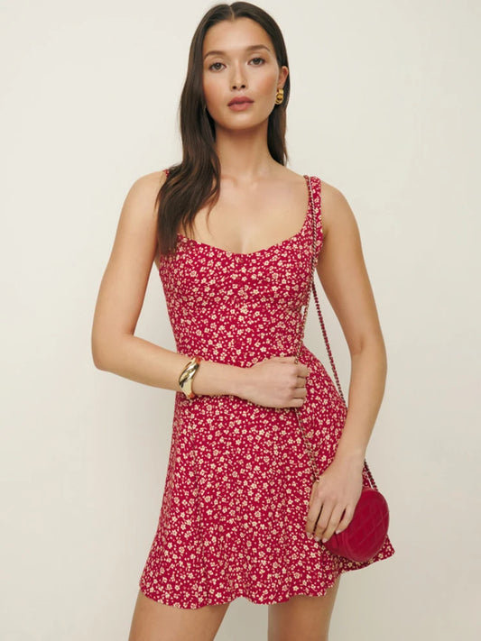 Floral Print Dresses For Women Spring Fashion Sexy Streetwear Backless Sleeveless A-Line Mini Vestidos Robes Female Elegant Fit