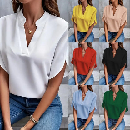 Casual Loose Solid Shirt & Blouse Women Fashion V-neck Half Sleeve Shirts For Women 2024 Office Elegant Pullover Blusas Tops