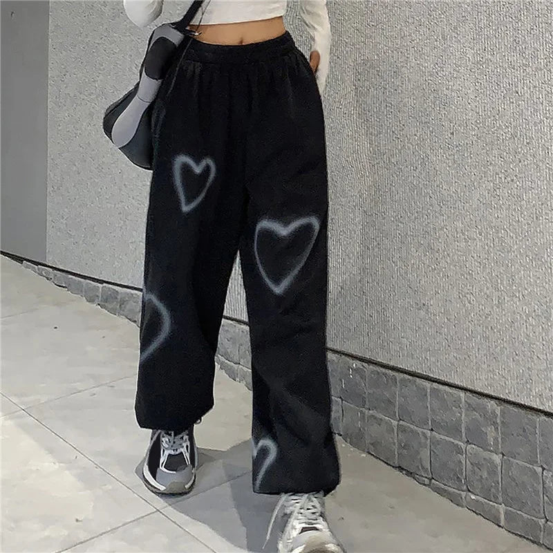 Women Heart Printing Sweatpants Loose Straight Joggers High Waist Wide Leg Pants Oversize Streetwear Korean Y2k Hip Hop Trousers