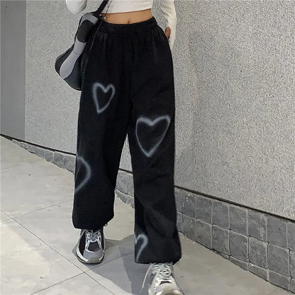 Women Heart Printing Sweatpants Loose Straight Joggers High Waist Wide Leg Pants Oversize Streetwear Korean Y2k Hip Hop Trousers