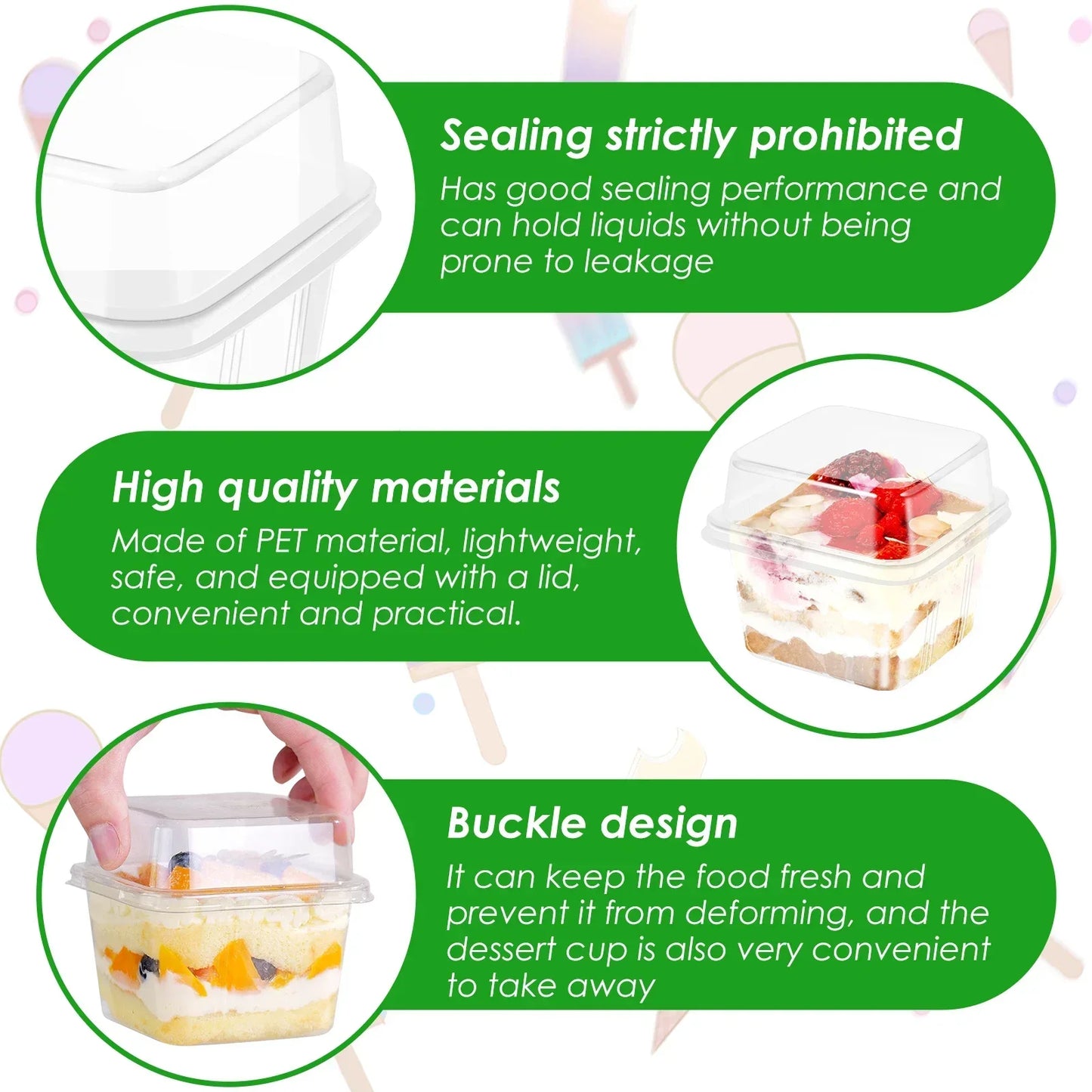 100Pcs Disposable Dessert Cups with Lids 8oz Reusable Cupcake Container Clear Square Single Dessert Box Sealed Cake Storage Box