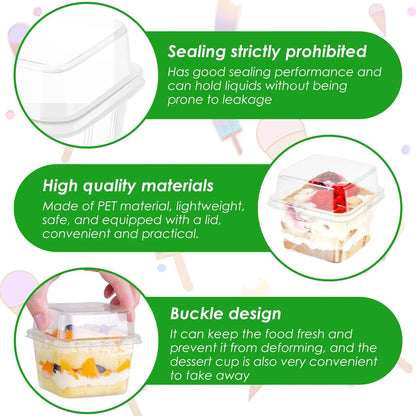 100Pcs Disposable Dessert Cups with Lids 8oz Reusable Cupcake Container Clear Square Single Dessert Box Sealed Cake Storage Box