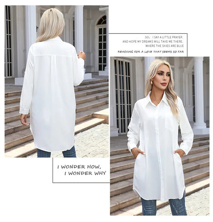 Long Shirt Women 2023 Vintage Pocket Shirts &Blouses Oversized Long Sleeve Blouse Fashion Women's Clothing Button Up Womens Tops