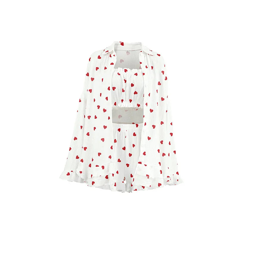 Spring New Fashion Style Love Printed Ruffle Edge Underwear Long sleeved Shorts Three piece Set for Women's Home Fury