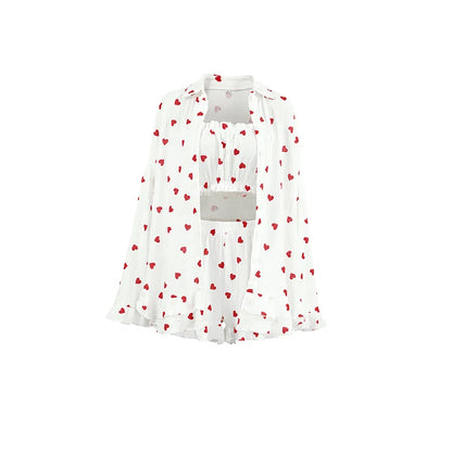 Spring New Fashion Style Love Printed Ruffle Edge Underwear Long sleeved Shorts Three piece Set for Women's Home Fury