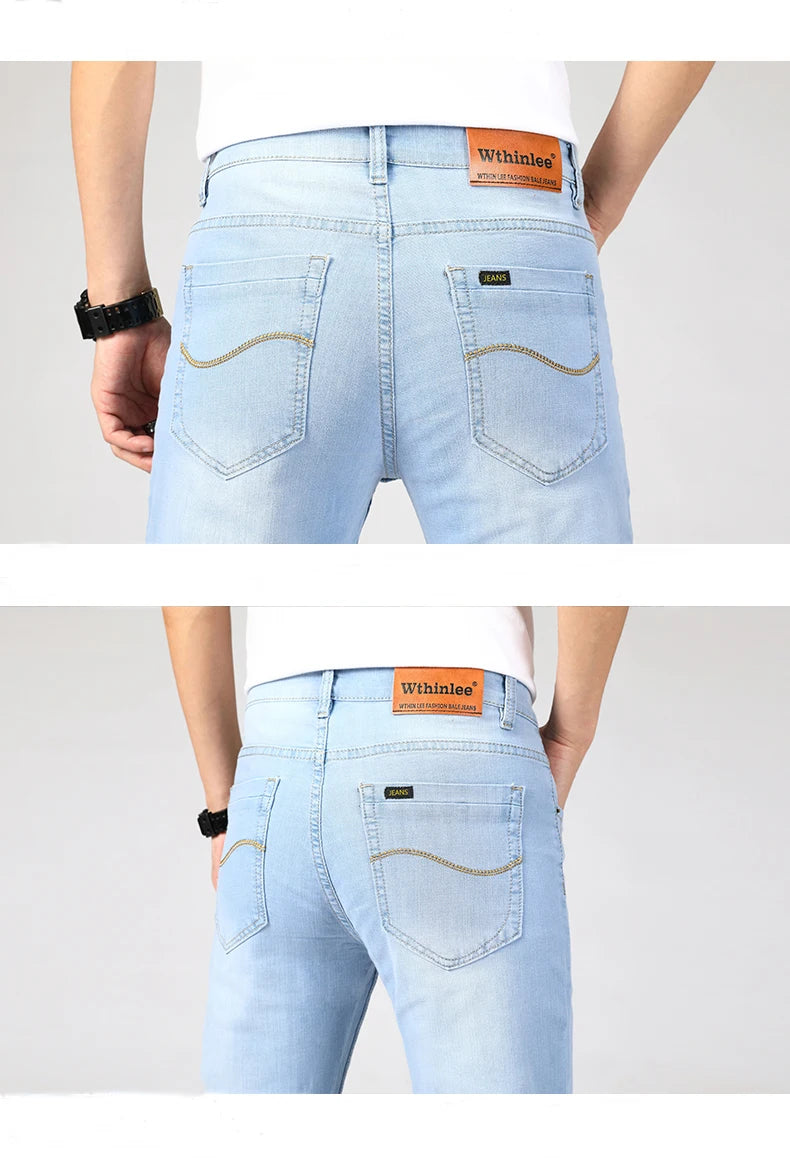 New Summer Business Men's Jeans Casual Straight Stretch Fashion Classic sky Blue  Work Denim Trousers Male Brand Clothing