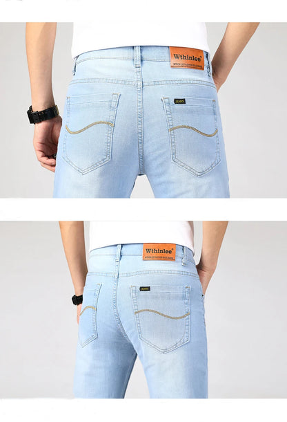 New Summer Business Men's Jeans Casual Straight Stretch Fashion Classic sky Blue  Work Denim Trousers Male Brand Clothing