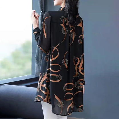 Lapel Long Sleeve Casual Shirt Single-breasted Thin Mid-aged Blouse Top Mother Printing Mid-length Shirt Daily Garment