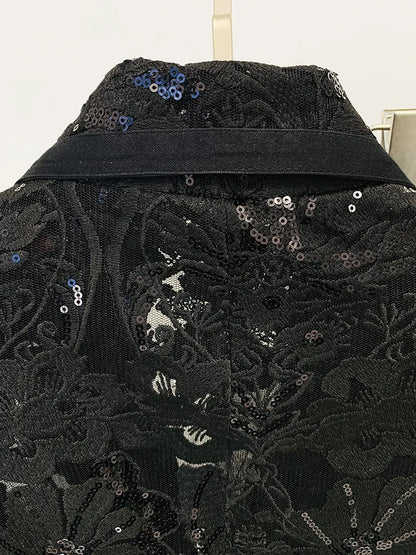HIGH STREET Newest 2024 Designer Runway Suit Set Women's Single Button Guipure Lace Sequined Blazer Pants Suit