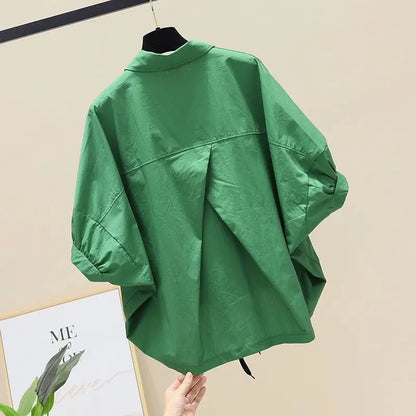 Summer New Bat Sleeve Pockets Shirt Women Loose Casual Short Sleeve Blouse Solid Lace Up Tops Half Shirts Lady High Street Trend